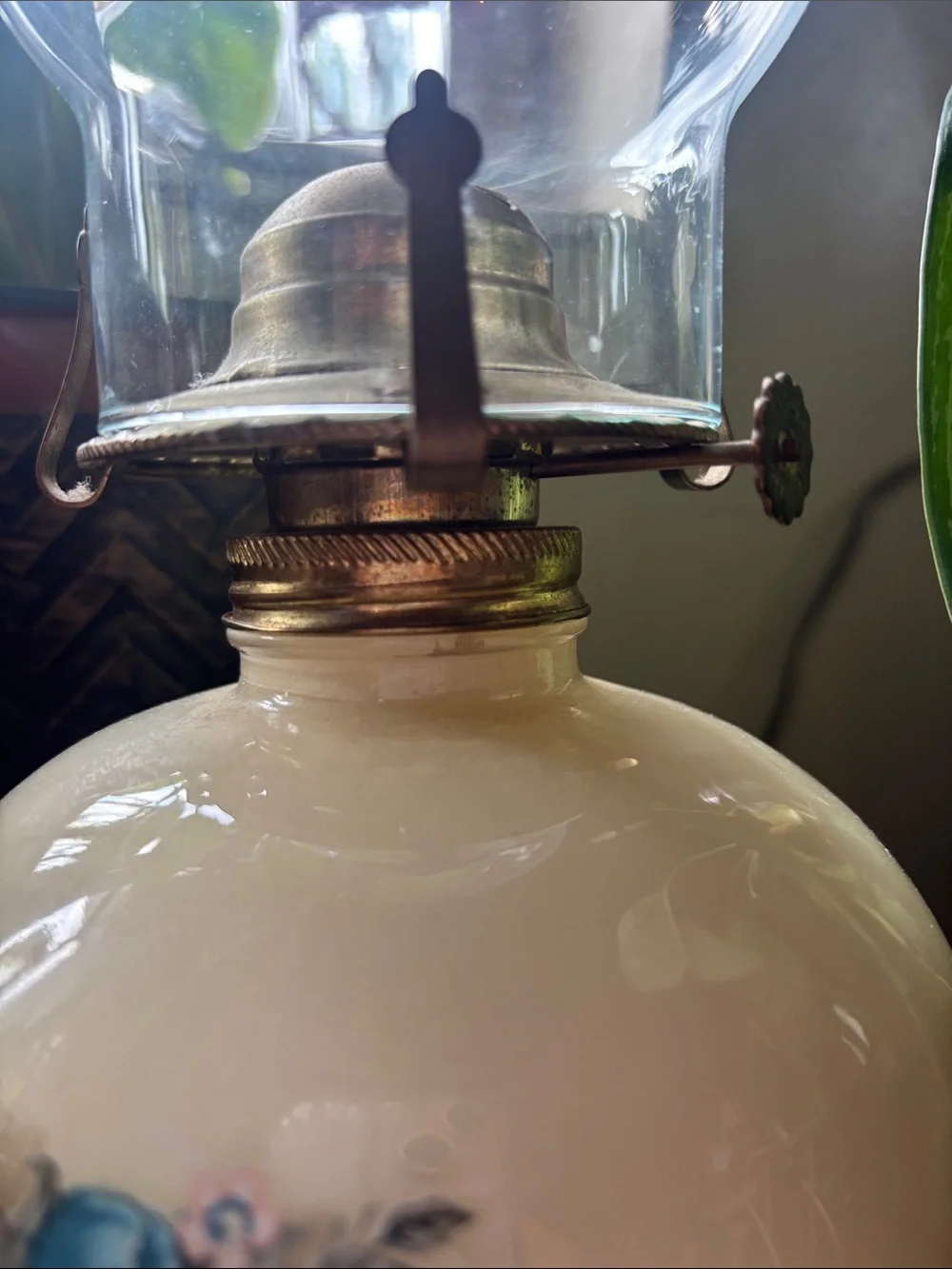 Cream Glass Hurricane Oil Lamp with Blue Floral Detail